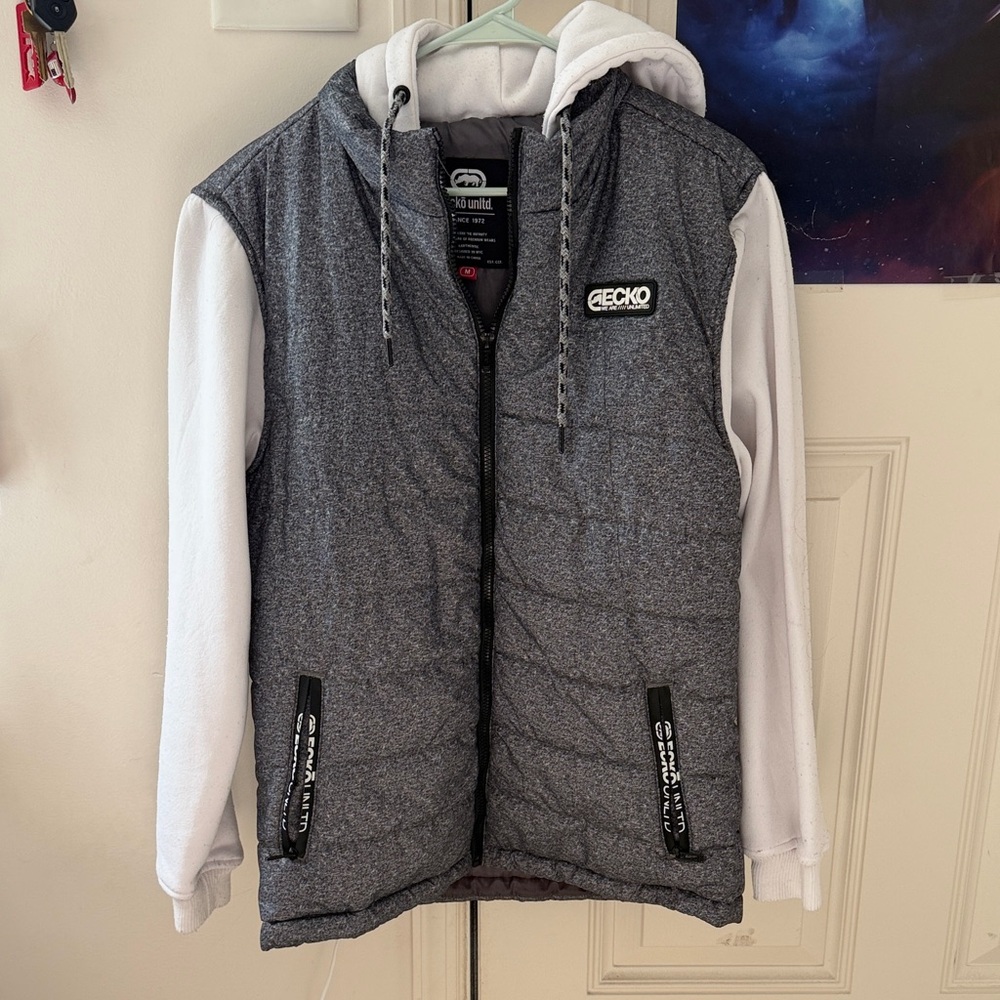 Ecko Unlimited Grey Hooded Puffer Vest with White Sleeves - Picture 1 of 5